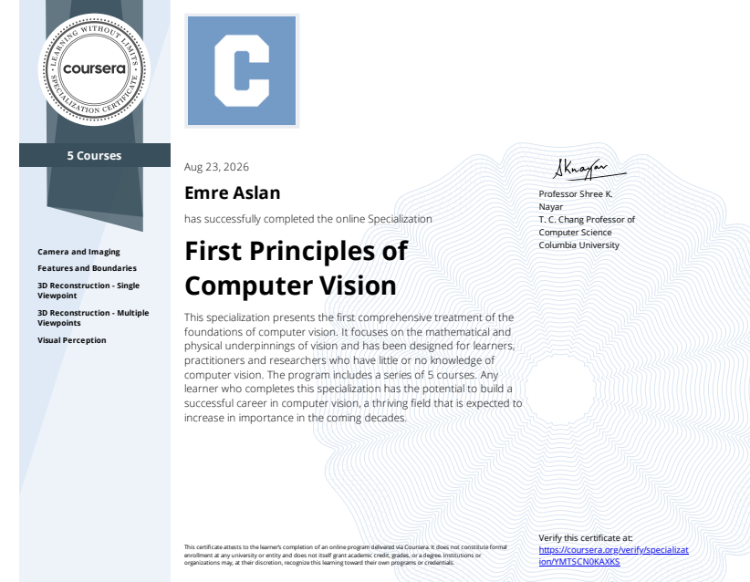 First Principles of Computer Vision Certificate