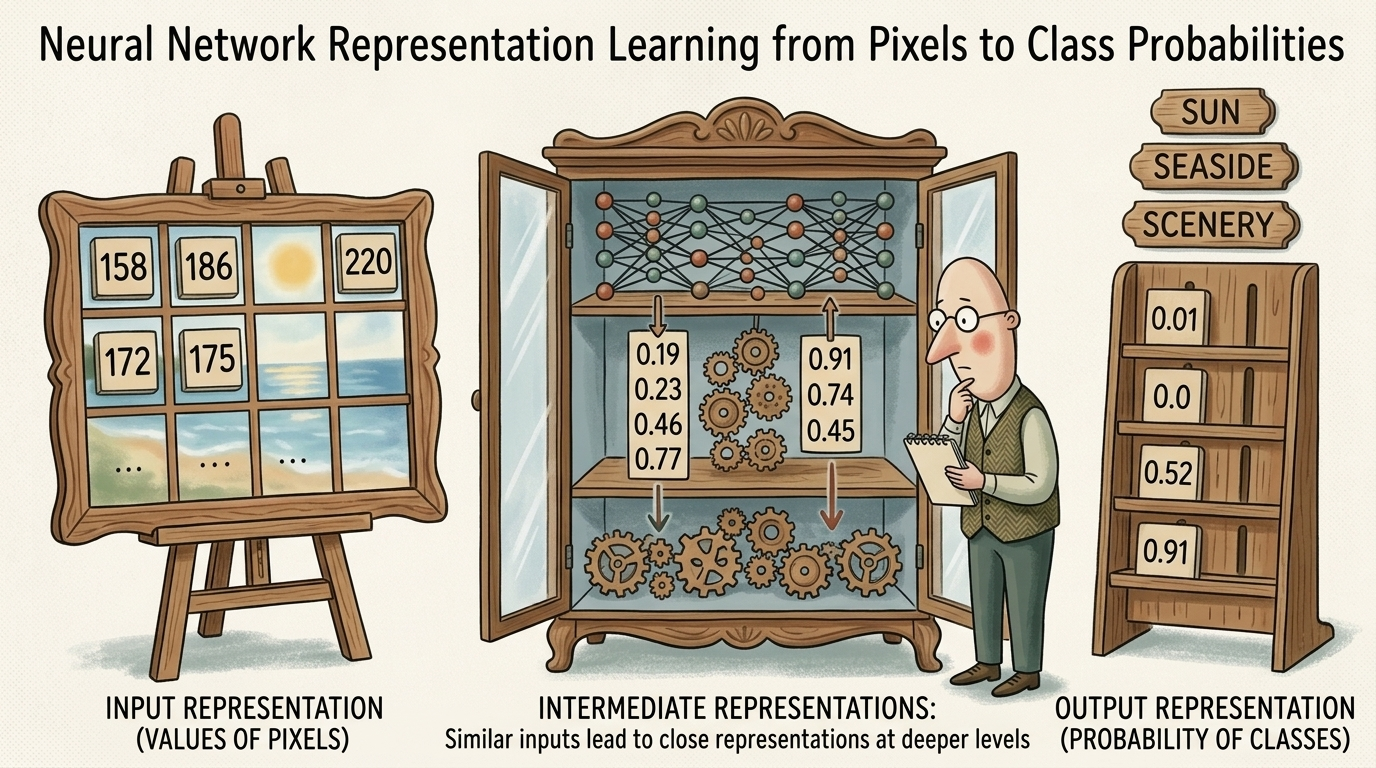 Neural Network Representation Learning from Pixels to Class Probabilities