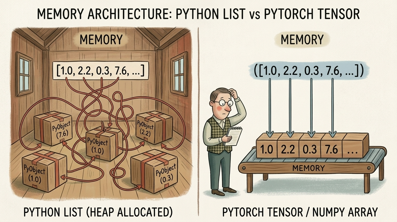 Memory Architecture: Python List vs. PyTorch Tensor