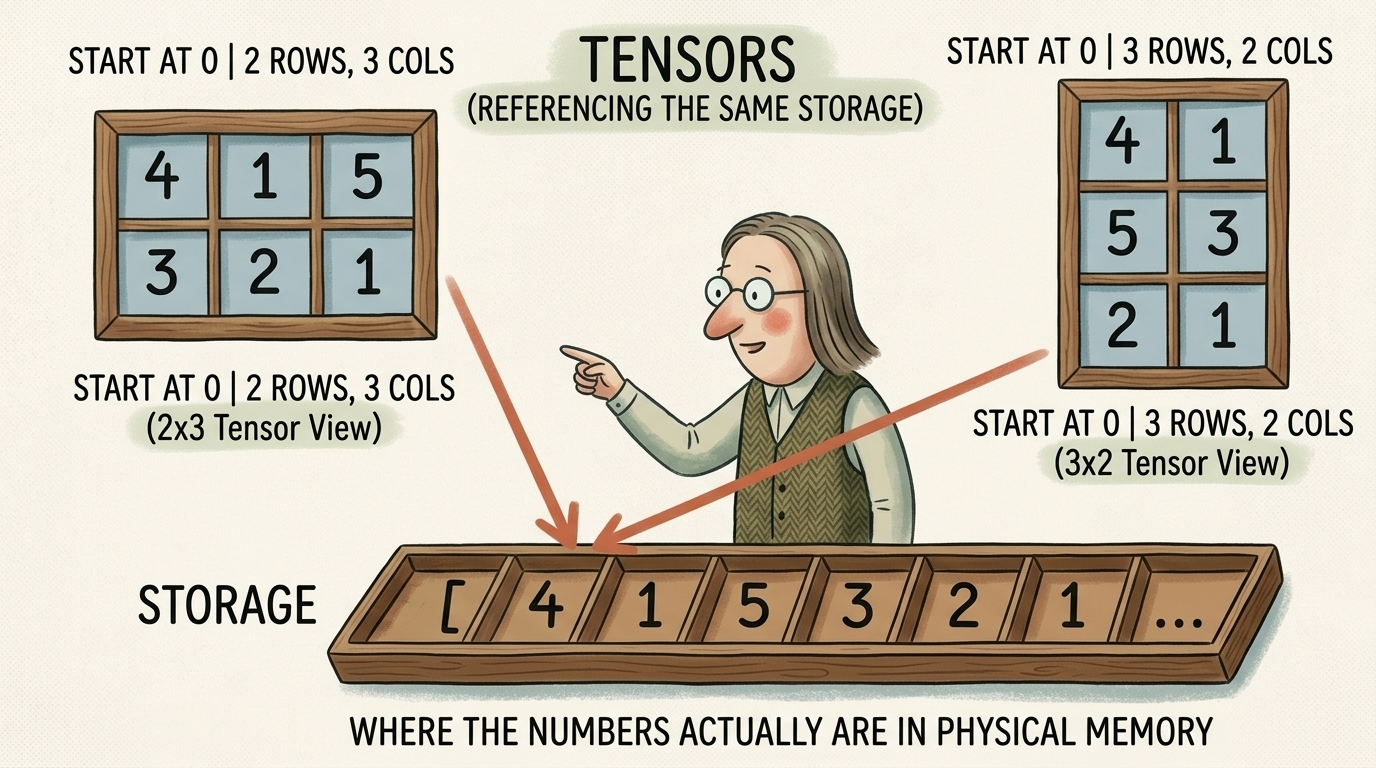 Tensors: Multiple Logical Views Referencing the Same 1D Storage