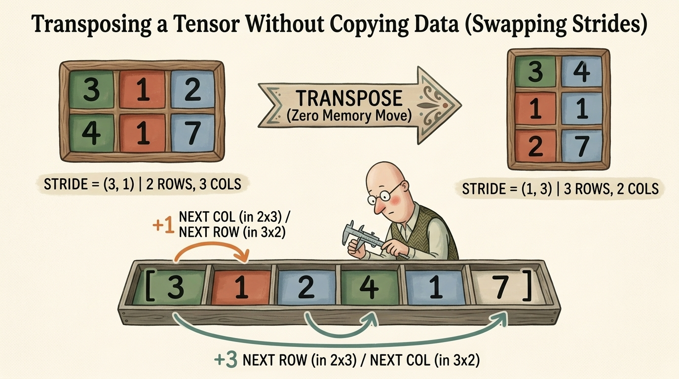 Transposing a Tensor Without Copying Data (Swapping Strides)