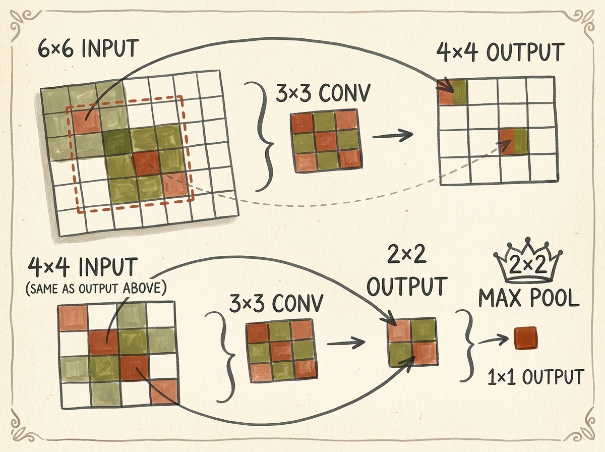 Convolution Receptive Field and Pooling Downsampling Mechanics